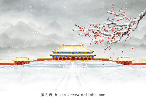 中国风水墨节气故宫雪景冬季仙鹤梅花山水风景插画海报背景素材